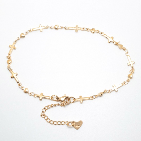 Picture of 304 Stainless Steel Anklet Gold Plated Cross Heart 22.8cm(9") long, 1 Piece