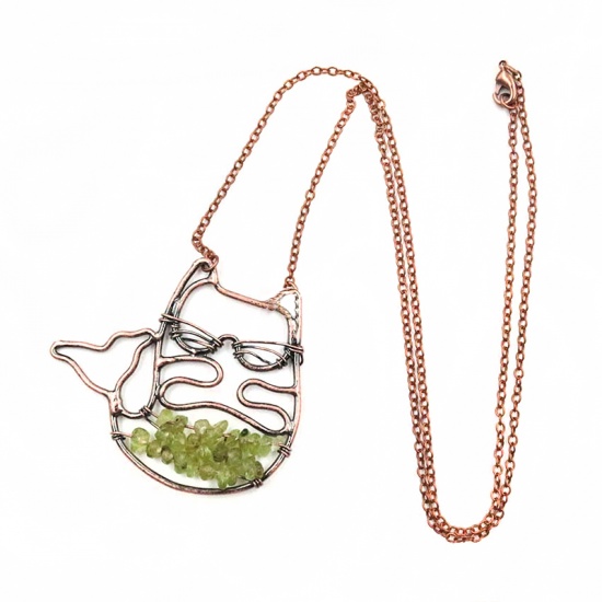 Picture of August Birthstone - Peridot ( Natural ) Necklace Red Copper Olive Green Cat Animal Hollow 50cm(19 5/8") long, 2 PCs