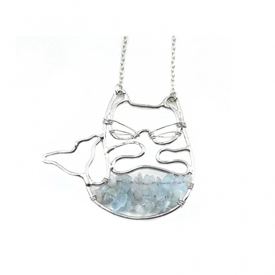 Picture of March Birthstone - Aquamarine ( Natural ) Necklace Silver Tone Light Blue Cat Animal Hollow 50cm(19 5/8") long, 2 PCs