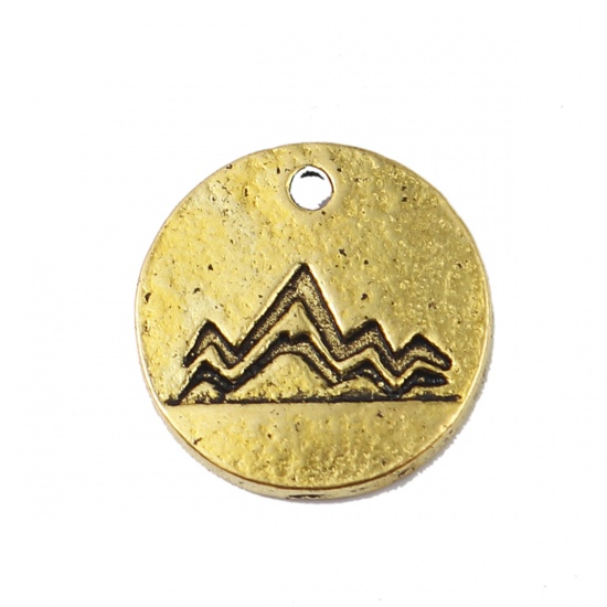 Picture of Zinc Based Alloy Travel Charms Round Gold Tone Antique Gold Mountain 13mm Dia., 50 PCs