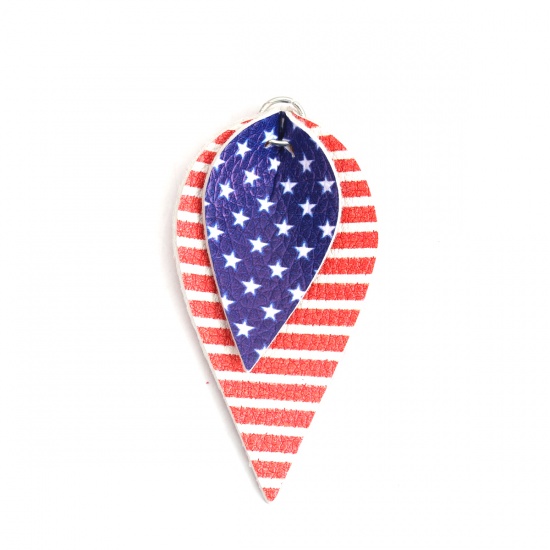 Picture of PU Leather Sport Pendants Leaf Multicolor Flag Of The United States W/ Jump Ring 6.4cm x 3.3cm, 5 PCs