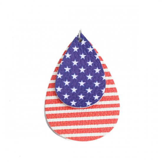 Picture of PU Leather Sport Pendants Drop Multicolor Flag Of The United States W/ Jump Ring 5.9cm x 3.7cm, 100 PCs