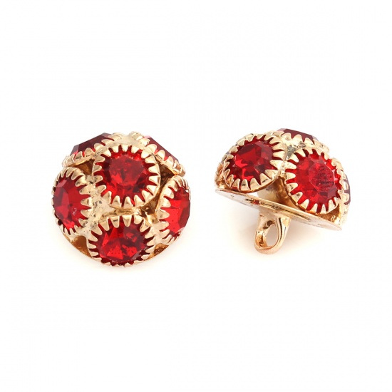 Picture of Zinc Based Alloy Sewing Shank Buttons Round Gold Plated Red Rhinestone 13mm Dia., 10 PCs