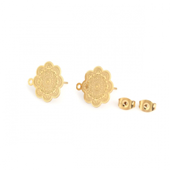 Bild von 304 Edelstahl Ohrring Ohrstecker Blumen Vergoldet Geschnitzte Muster M/Öse 17mm x 15mm, Drahtstärke: (21 gauge), 10 Stück
