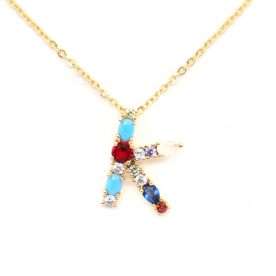 Picture of Stainless Steel & Copper Necklace Gold Plated Capital Alphabet/ Letter Message " K " Multicolour Cubic Zirconia 45cm(17 6/8") long, 1 Piece