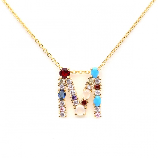Picture of Stainless Steel & Copper Necklace Gold Plated Capital Alphabet/ Letter Message " M " Multicolour Cubic Zirconia 45cm(17 6/8") long, 1 Piece