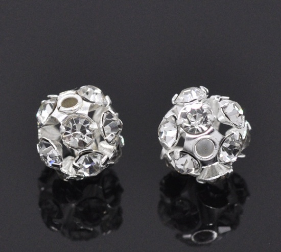 Picture of Copper Spacer Beads Ball Silver Plated Clear Rhinestone About 6mm - 7mm Dia, Hole:Approx 1.4mm, 10 PCs