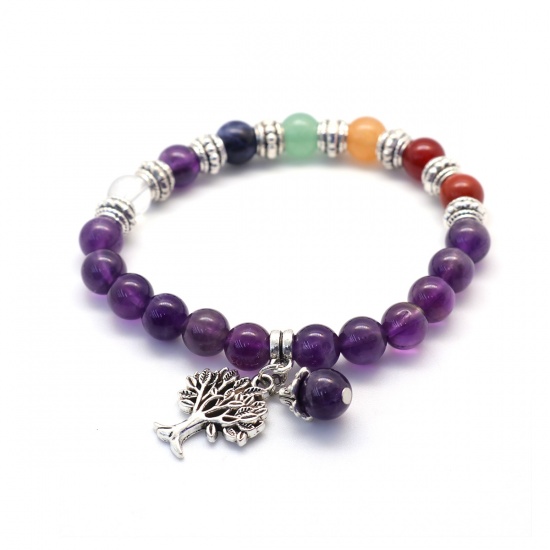 Picture of Natural Amethyst Yoga Healing Elastic Dainty Bracelets Delicate Bracelets Beaded Bracelet Purple Tree 22cm(8 5/8") long, 1 Piece