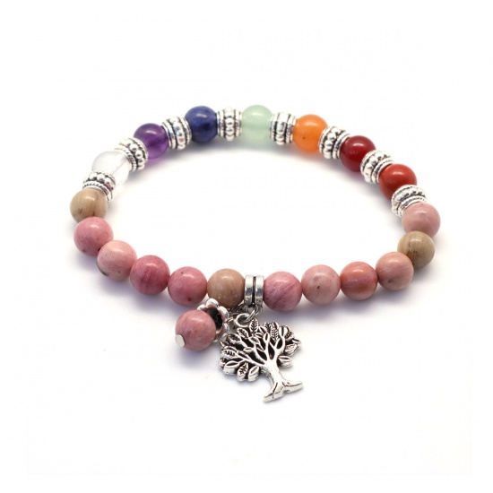 Picture of Natural Stone Yoga Healing Elastic Dainty Bracelets Delicate Bracelets Beaded Bracelet Pink Tree 22cm(8 5/8") long, 1 Piece