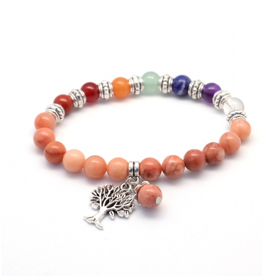 Picture of Natural Aventurine Yoga Healing Elastic Dainty Bracelets Delicate Bracelets Beaded Bracelet Orange Pink Tree 22cm(8 5/8") long, 1 Piece