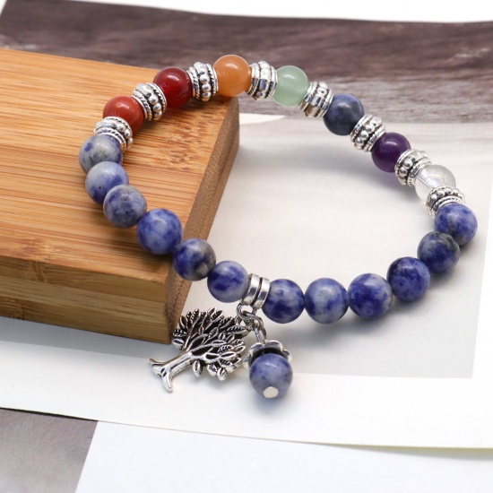 Picture of Natural Stone Yoga Healing Elastic Dainty Bracelets Delicate Bracelets Beaded Bracelet White & Blue Tree 22cm(8 5/8") long, 1 Piece