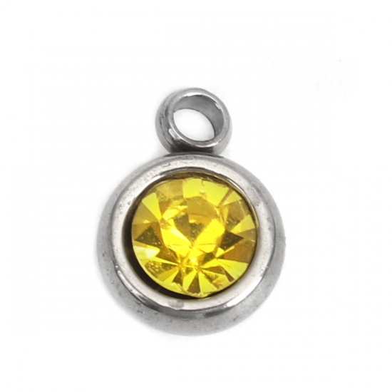 Picture of 304 Stainless Steel & Glass Charms Round Silver Tone Yellow Faceted 8mm x 6mm, 20 PCs