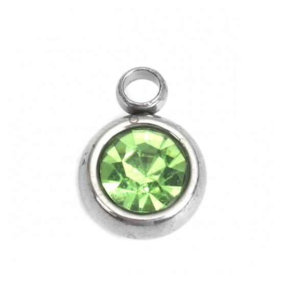 Picture of 304 Stainless Steel & Glass Charms Round Silver Tone Green Faceted 8mm x 6mm, 20 PCs