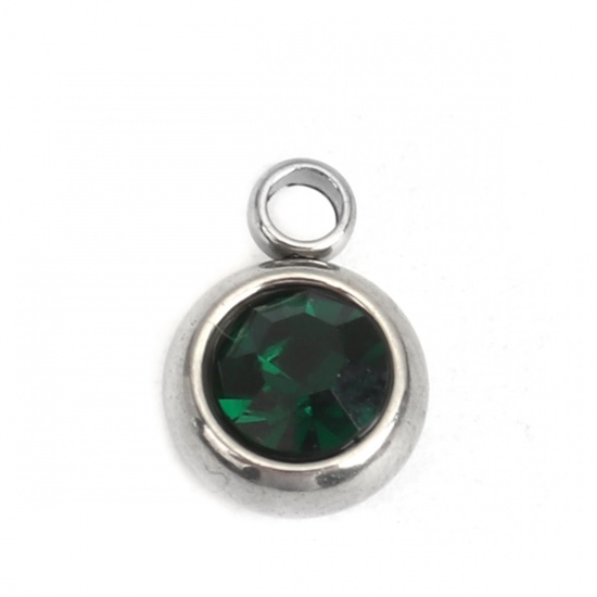 Picture of 304 Stainless Steel & Glass Charms Round Silver Tone Dark Green Faceted 8mm x 6mm, 20 PCs