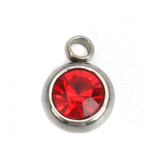 Picture of 304 Stainless Steel & Glass Charms Round Silver Tone Red Faceted 8mm x 6mm, 20 PCs