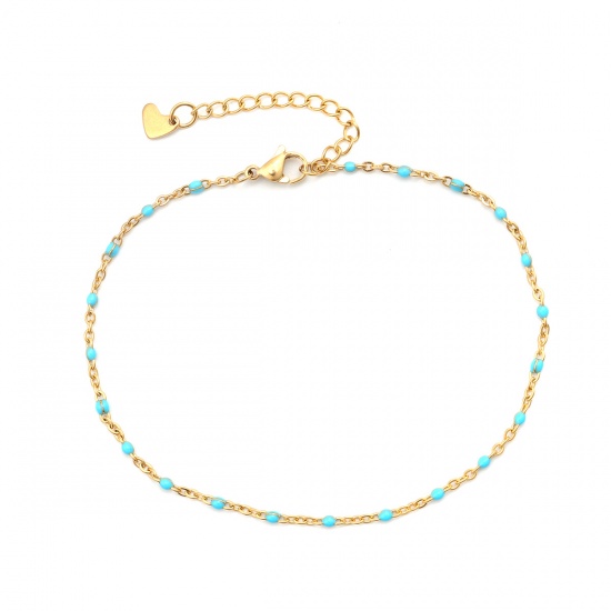 Picture of 304 Stainless Steel Enamel Anklet Gold Plated Light Blue 23cm(9") long, 1 Piece