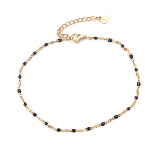 Picture of 304 Stainless Steel Enamel Anklet Gold Plated Black Round 23cm(9") long, 1 Piece