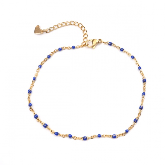 Picture of 304 Stainless Steel Enamel Anklet Gold Plated Blue Round 23cm(9") long, 1 Piece