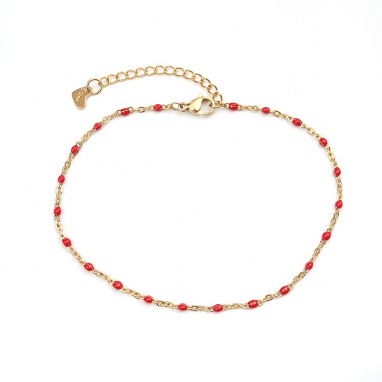 Picture of 304 Stainless Steel Enamel Anklet Gold Plated Red Round 23cm(9") long, 1 Piece