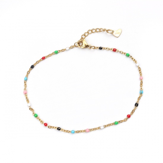 Picture of 304 Stainless Steel Enamel Anklet Gold Plated Mixed Color Round 23cm(9") long, 1 Piece