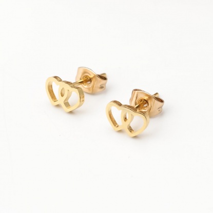Picture of Stainless Steel Ear Post Stud Earrings Gold Plated Heart Hollow 8mm x 5mm, Post/ Wire Size: (21 gauge), 12 Pairs