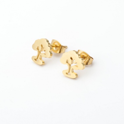 Picture of Stainless Steel Ear Post Stud Earrings Gold Plated Tree Hollow 10mm x 9mm, Post/ Wire Size: (21 gauge), 12 Pairs