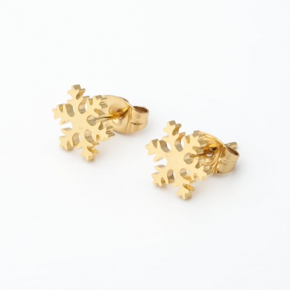Picture of Stainless Steel Christmas Ear Post Stud Earrings Gold Plated Christmas Snowflake 9mm x 8mm, Post/ Wire Size: (21 gauge), 12 Pairs
