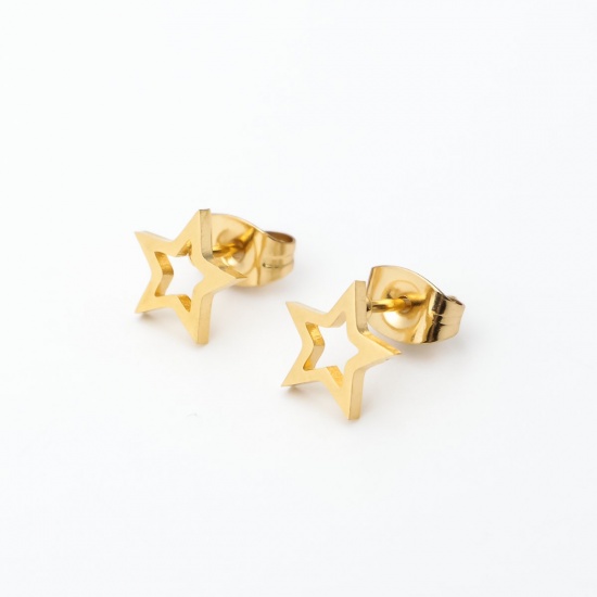 Picture of Stainless Steel Christmas Ear Post Stud Earrings Gold Plated Pentagram Star Hollow 8mm x 8mm, Post/ Wire Size: (21 gauge), 12 Pairs