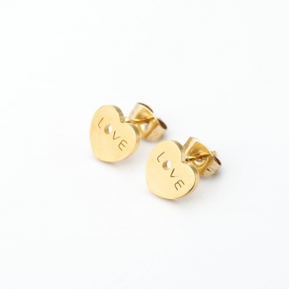 Picture of Stainless Steel Christmas Ear Post Stud Earrings Gold Plated Heart Love Symbol Hollow 9mm x 8mm, Post/ Wire Size: (21 gauge), 12 Pairs