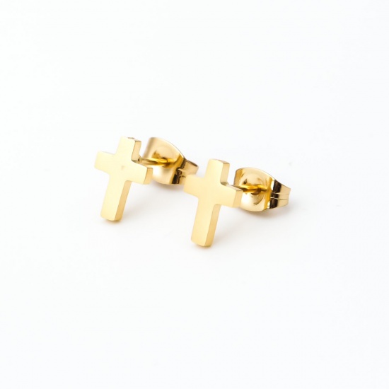 Bild von Edelstahl Weihnachten Ohrring Ohrstecker Vergoldet Kreuz 9mm x 6mm, Drahtstärke: (21 gauge), 12 Paare