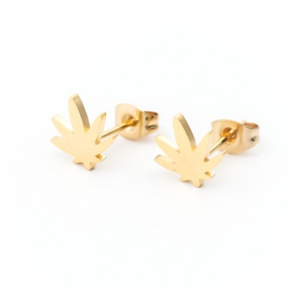 Picture of Stainless Steel Ear Post Stud Earrings Gold Plated Leaf 10mm x 9mm, Post/ Wire Size: (21 gauge), 12 Pairs
