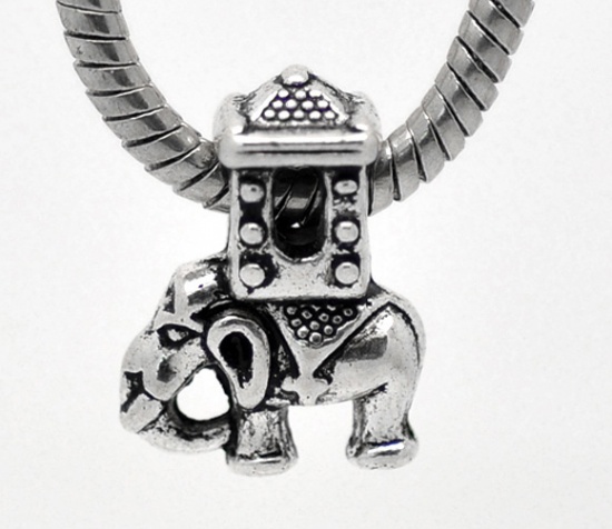 Picture of Zinc Metal Alloy European Style Large Hole Charm Beads Elephant Antique Silver 20.5x15mm, 10 PCs