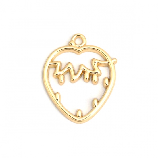 Picture of Zinc Based Alloy Charms Strawberry Fruit Gold Plated Hollow 27mm x 22mm, 10 PCs