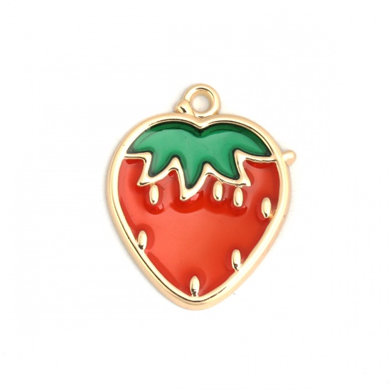 Picture of Zinc Based Alloy Charms Strawberry Fruit Gold Plated Red & Green Enamel 27mm x 22mm, 5 PCs