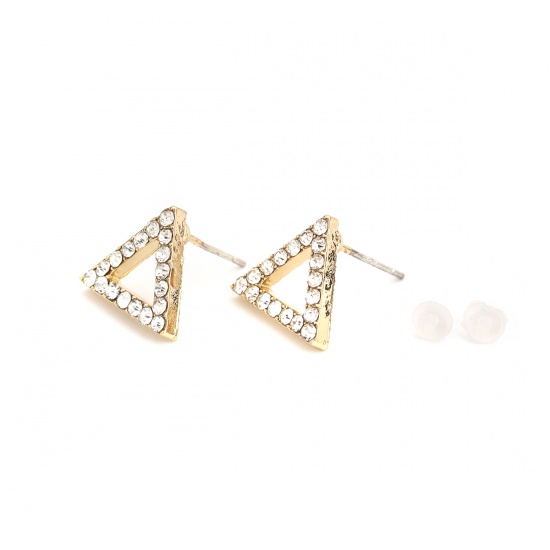Picture of Ear Post Stud Earrings Findings Triangle Gold Plated Hollow Clear Rhinestone 13mm x 12mm, Post/ Wire Size: (21 gauge), 4 PCs