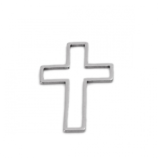 Picture of 304 Stainless Steel Frame Connectors Cross Silver Tone Hollow 26mm x 17mm, 20 PCs