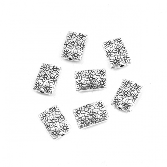 Picture of Zinc Based Alloy Spacer Beads Rectangle Antique Silver Flower 12mm x 8mm, Hole: Approx 1.4mm, 50 PCs