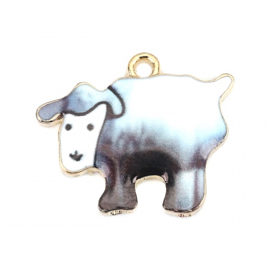 Picture of Zinc Based Alloy Charms Sheep Gold Plated Dark Gray Enamel 21mm x 17mm, 10 PCs