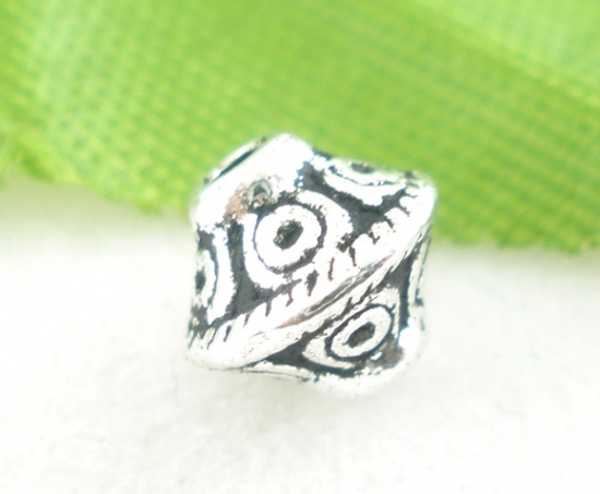 Picture of Zinc Based Alloy Spacer Beads Bicone Antique Silver Dot Carved About 6mm x 6mm, Hole:Approx 1.6mm, 100 PCs