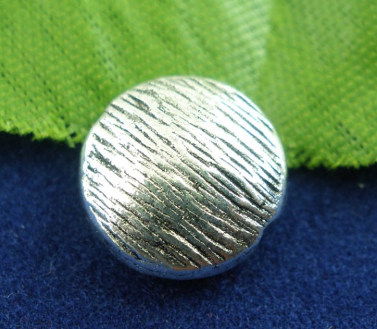 Picture of Zinc Based Alloy Spacer Beads Flat Round Antique Silver Stripe Carved About 10mm Dia, Hole:Approx 1.6mm, 30 PCs