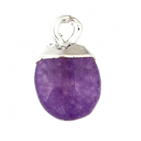 Picture of (Grade B) Stone ( Natural ) Charms Silver Tone Purple Oval 14mm x 9mm - 13mm x 8mm, 1 Piece