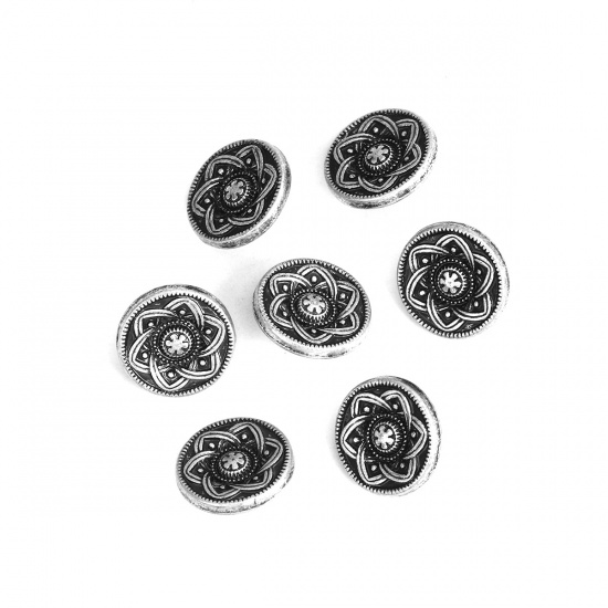 Picture of Zinc Based Alloy Sewing Shank Buttons Round Antique Silver Flower Carved 15mm Dia., 10 PCs