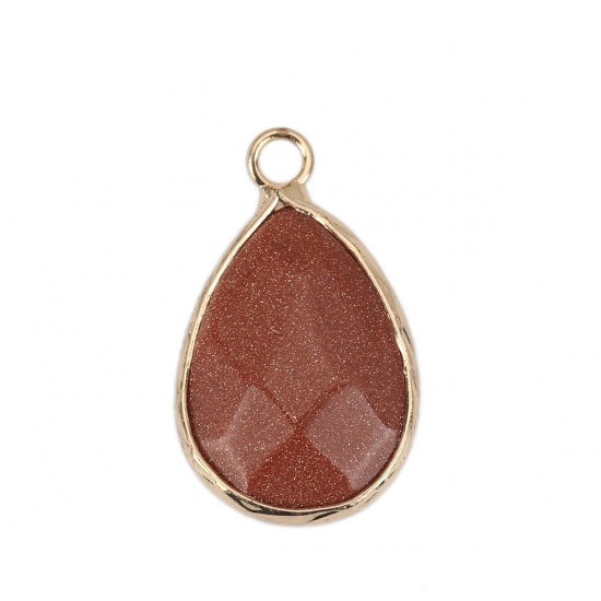 Picture of (Grade A) Gold Sand Stone ( Natural ) Charms Gold Plated Brown Drop 23mm x 14mm, 5 PCs