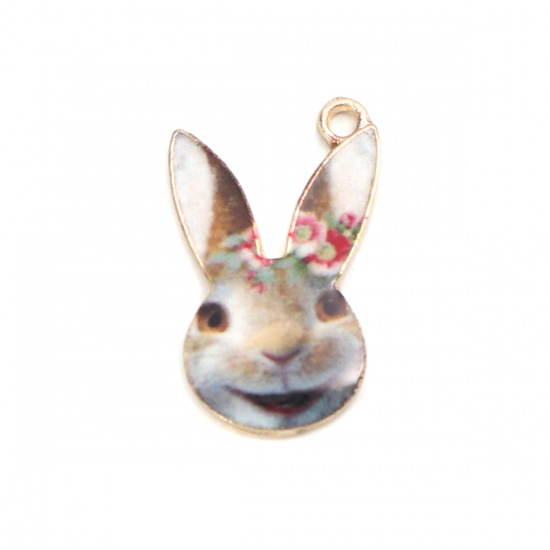 Picture of Zinc Based Alloy Charms Rabbit Animal Gold Plated Coffee Enamel 19mm x 11mm, 10 PCs