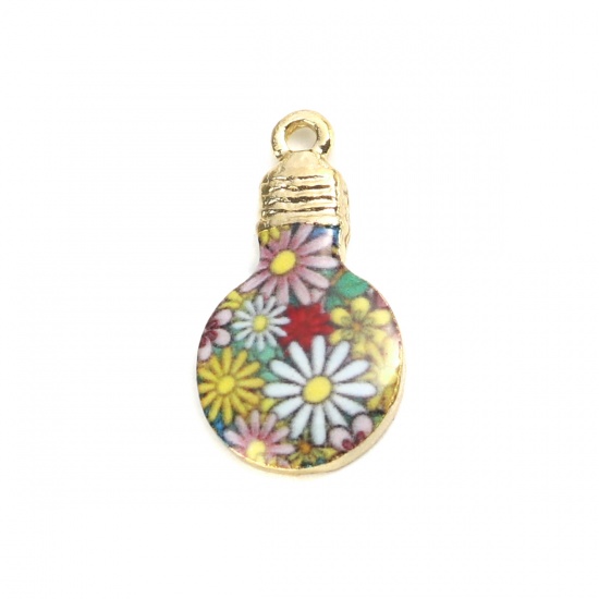 Picture of Zinc Based Alloy Charms Bulb Gold Plated Multicolor Daisy Flower Enamel 22mm x 12mm, 10 PCs