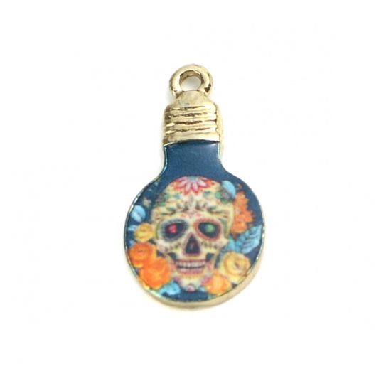 Picture of Zinc Based Alloy Charms Bulb Gold Plated Multicolor Skull Enamel 22mm x 12mm, 10 PCs