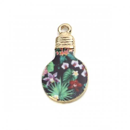 Immagine di Lega di Zinco Charms Bulbo Electronico Oro Placcato Multicolore Fiore Smalto 22mm x 12mm , 10 Pz
