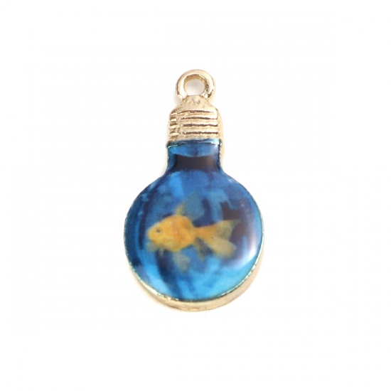 Picture of Zinc Based Alloy Charms Bulb Gold Plated Lake Blue Fish Enamel 22mm x 12mm, 10 PCs