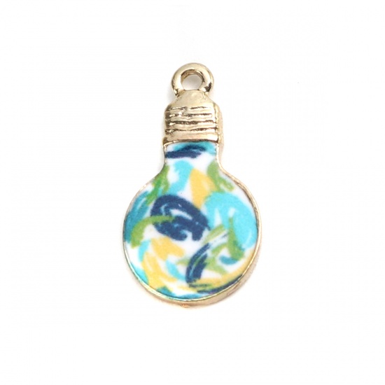 Picture of Zinc Based Alloy Charms Bulb Gold Plated Multicolor Flower Leaves Enamel 22mm x 12mm, 10 PCs
