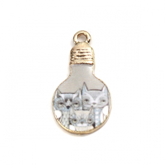Picture of Zinc Based Alloy Charms Bulb Gold Plated Grey Beige Cat Enamel 22mm x 12mm, 10 PCs